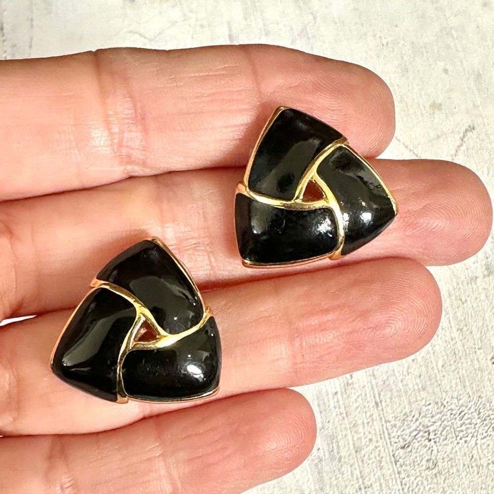 Black and gold tone triangle post earrings